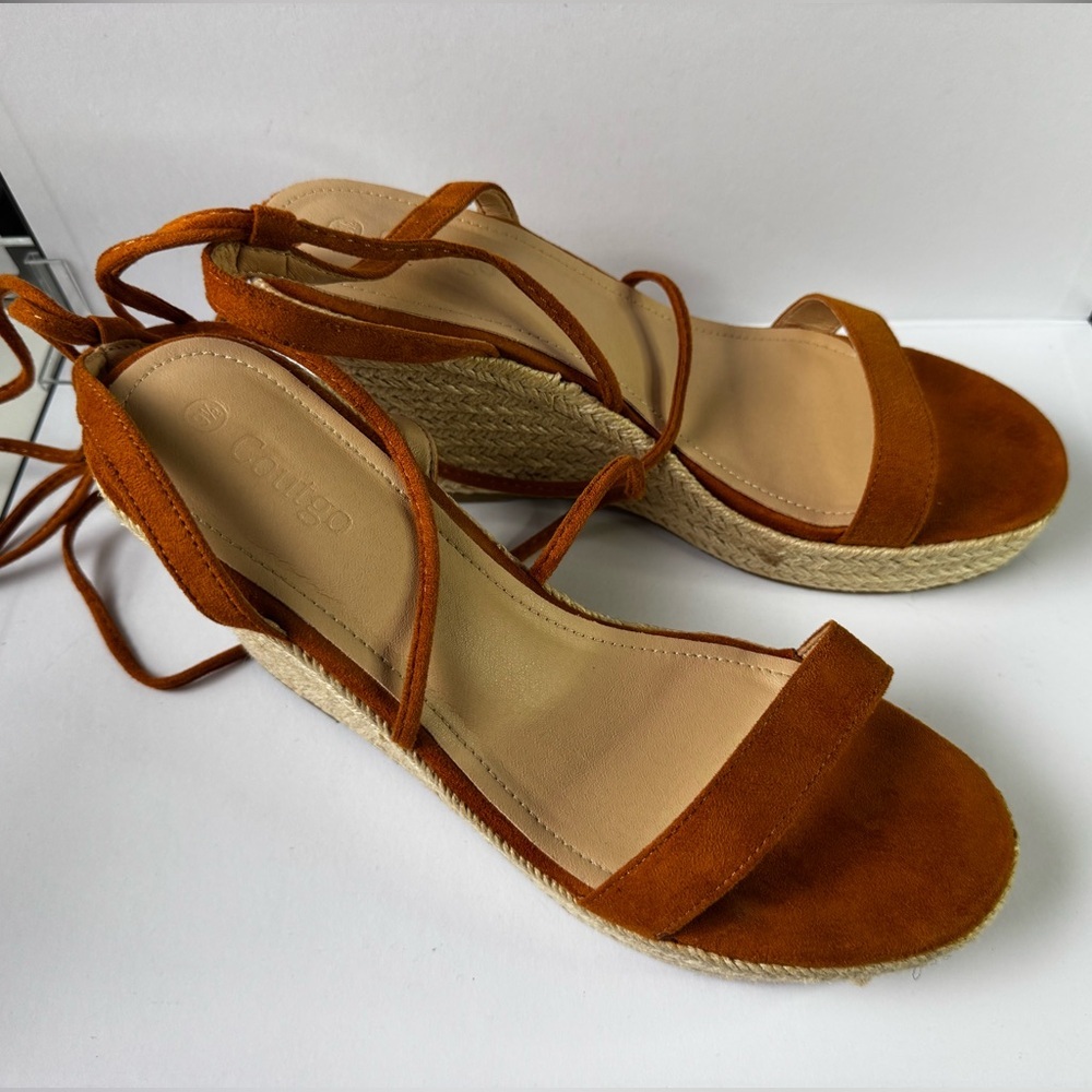 Tan Suede Strappy Espadrille Lace-Up Wedge Sandals Size 9.5